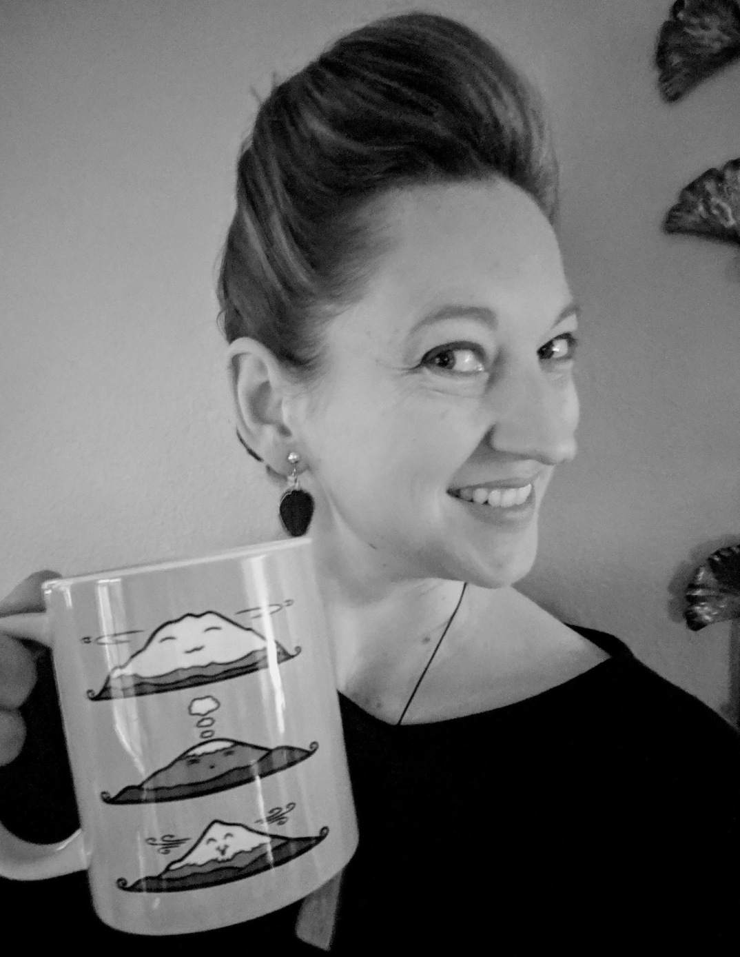 Mug: three adorable cartoon Cascade mountains, drawn by Natalie Metzger